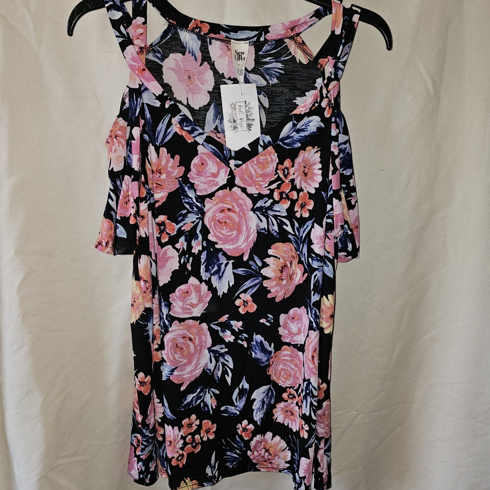 Sew In Love Black Cold-Shoulder Top with Pink Floral Print